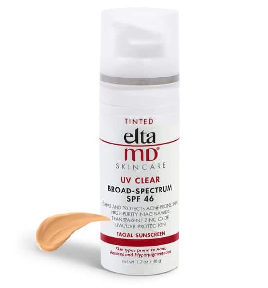 Elta MD UV Clear Broad-Spectrum SPF 46 is a tinted facial sunscreen designed for acne-prone skin. The product features high-purity niacinamide and transparent zinc oxide for effective UV protection against UVA and UVB rays. The packaging includes a pump dispenser for easy application, and a small amount of product is shown on the side. This sunscreen helps calm and protect skin while addressing concerns like rosacea and hyperpigmentation. Ideal for daily use, it provides a lightweight, non-gre